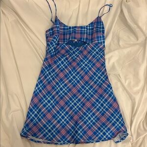 Blue & Pink Plaid Slip Dress With Cutout